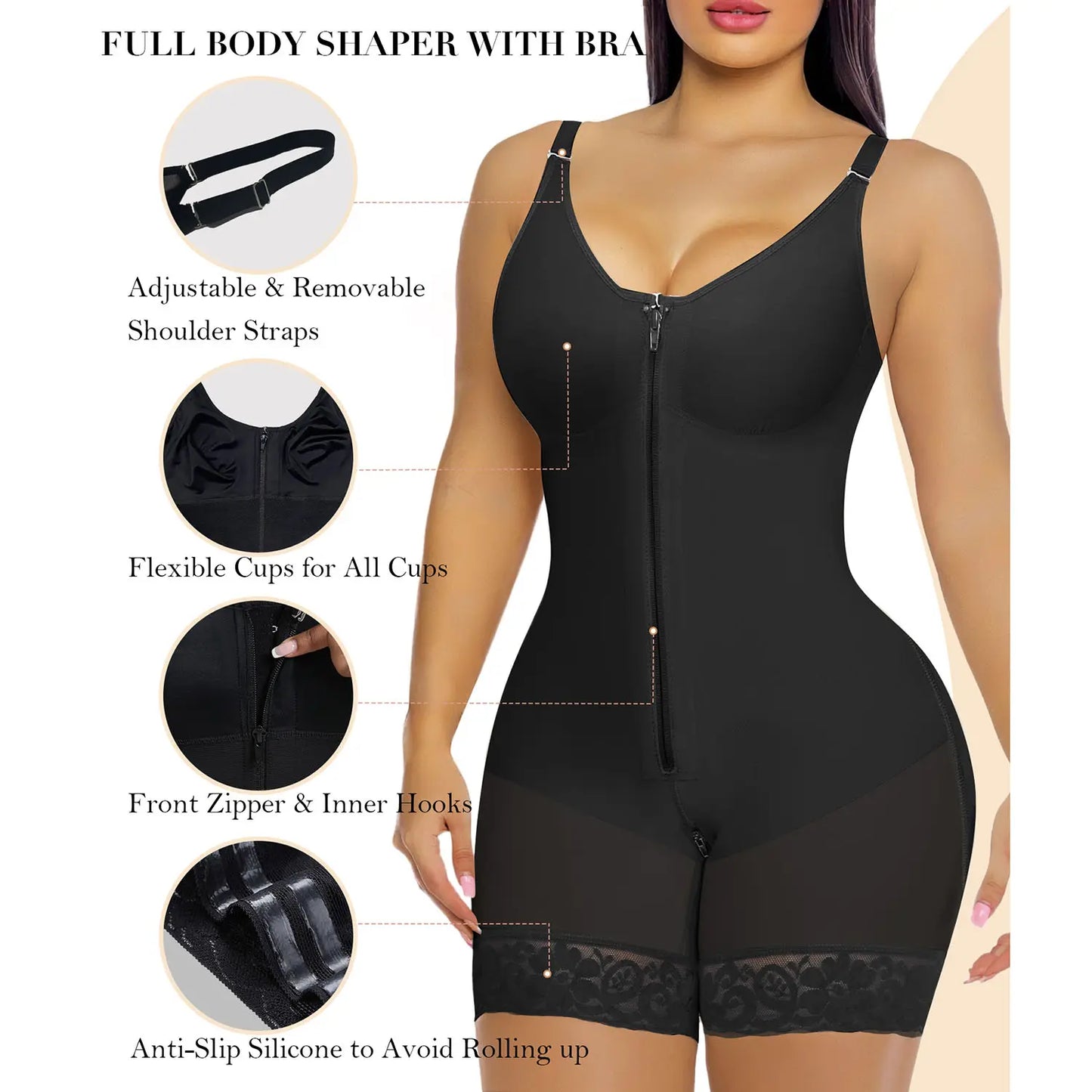 Women Fajas Shapewear Tummy Control Butt Lifter Shaper with Zipper Crotch Detachable Shoulder Strap