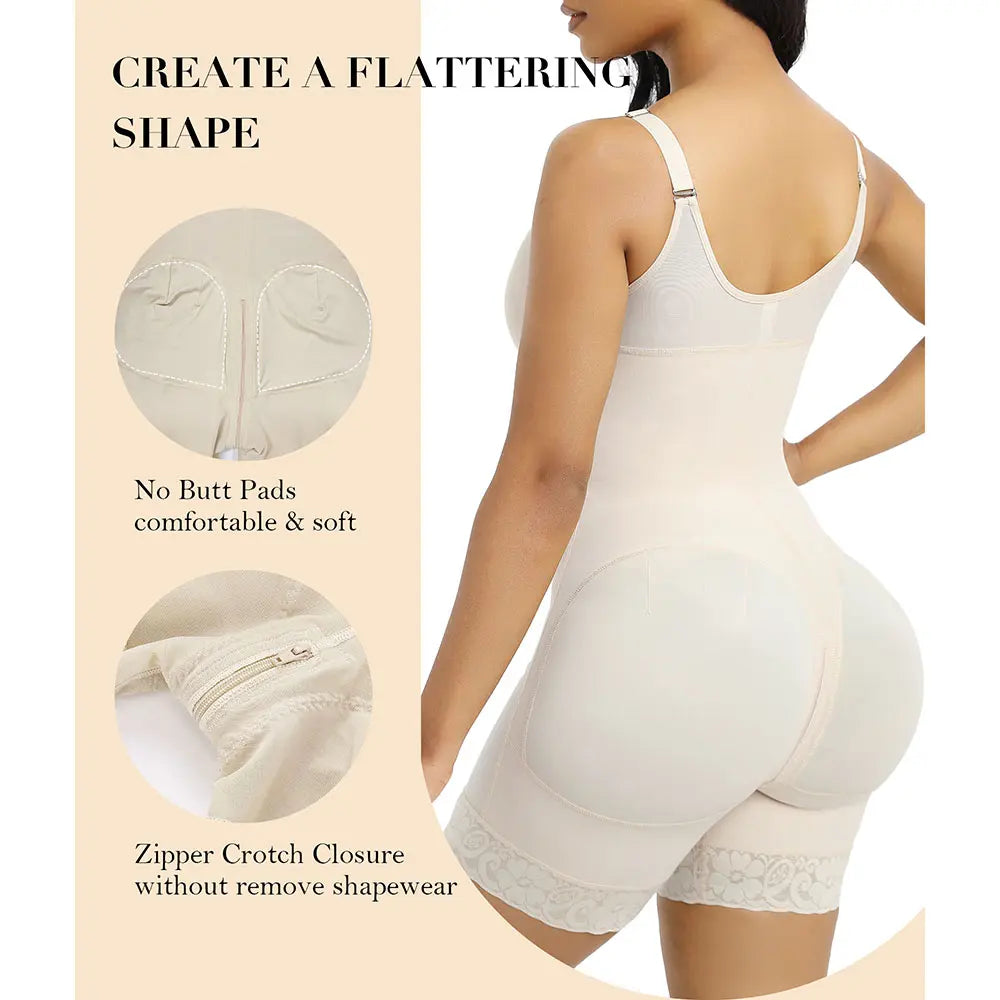 Women Fajas Shapewear Tummy Control Butt Lifter Shaper with Zipper Crotch Detachable Shoulder Strap