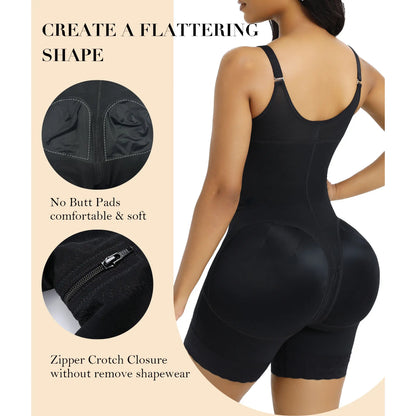 Women Fajas Shapewear Tummy Control Butt Lifter Shaper with Zipper Crotch Detachable Shoulder Strap