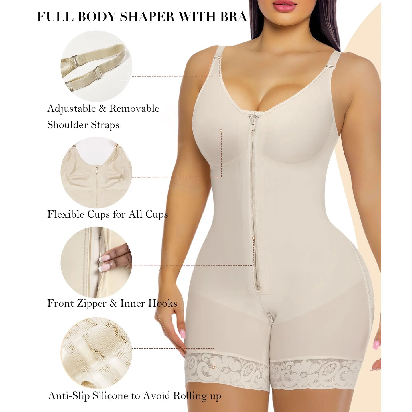 Women Fajas Shapewear Tummy Control Butt Lifter Shaper with Zipper Crotch Detachable Shoulder Strap