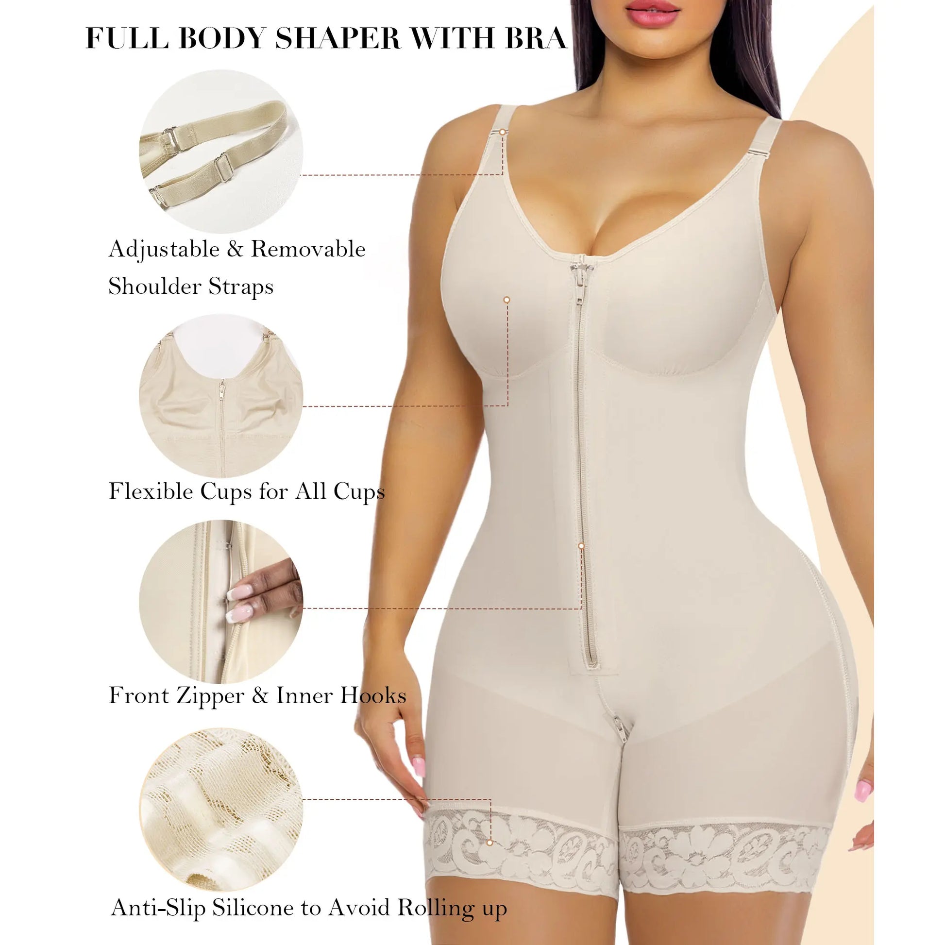 Women Fajas Shapewear Tummy Control Butt Lifter Shaper with Zipper Crotch Detachable Shoulder Strap
