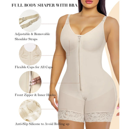 Women Fajas Shapewear Tummy Control Butt Lifter Shaper with Zipper Crotch Detachable Shoulder Strap